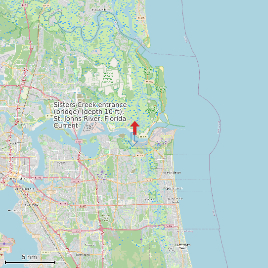 Map of Sisters Creek entrance (bridge) (depth 10 ft), St. Johns River, Florida Current Prediction Station
