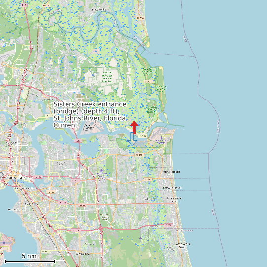 Map of Sisters Creek entrance (bridge) (depth 4 ft), St. Johns River, Florida Current Prediction Station