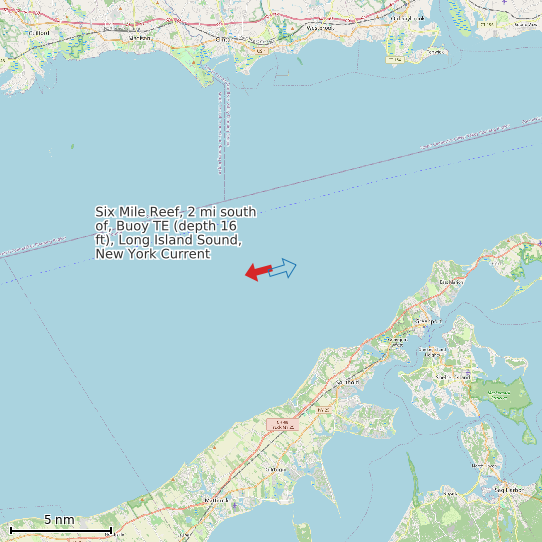 Map of Six Mile Reef, 2 mi south of, Buoy TE (depth 16 ft), Long Island Sound, New York Current Prediction Station