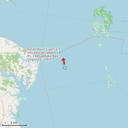 Map of Smith Point Light, 1.5 nmi east of (depth 14 ft), Chesapeake Bay, Virginia Current Prediction Station