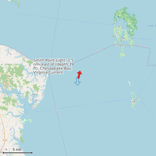 Map of Smith Point Light, 1.5 nmi east of (depth 39 ft), Chesapeake Bay, Virginia Current Prediction Station