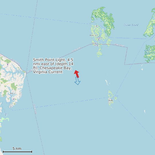 Map of Smith Point Light, 4.5 nmi east of (depth 14 ft), Chesapeake Bay, Virginia Current Prediction Station