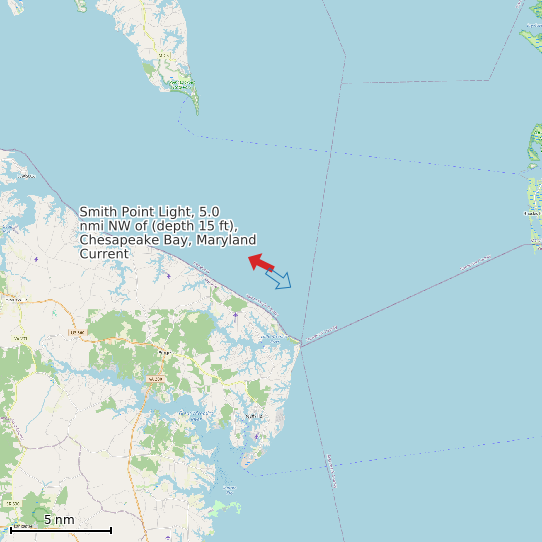 Map of Smith Point Light, 5.0 nmi NW of (depth 15 ft), Chesapeake Bay, Maryland Current Prediction Station