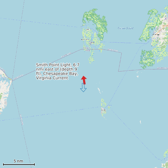 Map of Smith Point Light, 6.7 nmi east of (depth 9 ft), Chesapeake Bay, Virginia Current Prediction Station