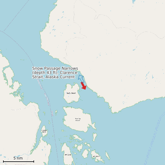 Map of Snow Passage Narrows (depth 43 ft), Clarence Strait, Alaska Current Prediction Station