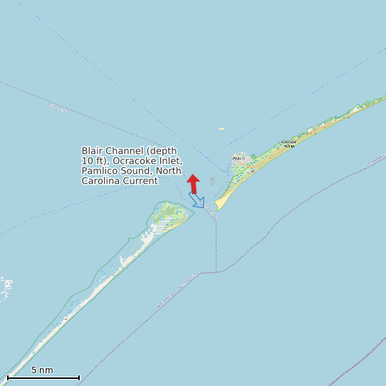 Map of Blair Channel (depth 10 ft), Ocracoke Inlet, Pamlico Sound, North Carolina Current Prediction Station