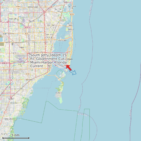 Map of South Jetty (depth 15 ft), Government Cut, Miami Harbor, Florida Current Prediction Station