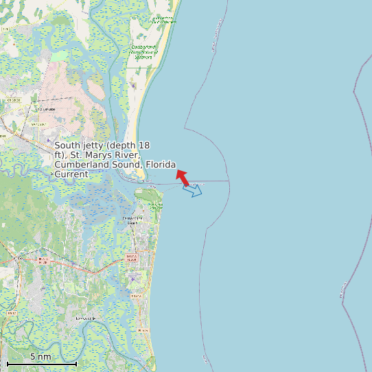 Map of South jetty (depth 18 ft), St. Marys River, Cumberland Sound, Florida Current Prediction Station