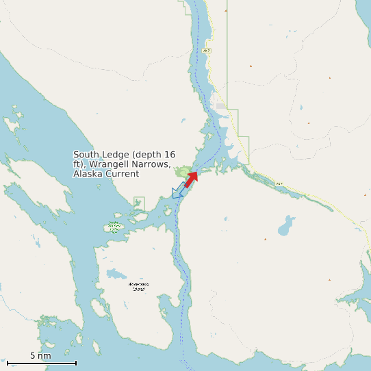 Map of South Ledge (depth 16 ft), Wrangell Narrows, Alaska Current Prediction Station