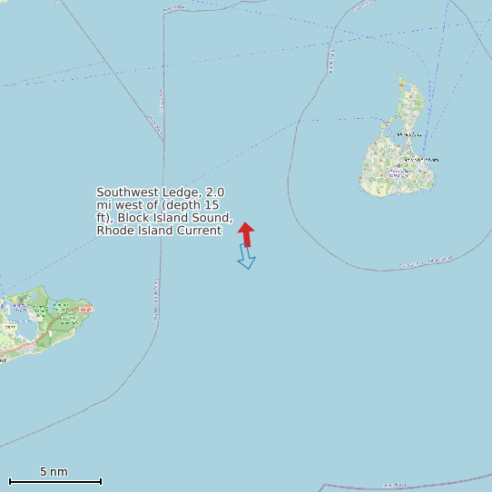 Map of Southwest Ledge, 2.0 mi west of (depth 15 ft), Block Island Sound, Rhode Island Current Prediction Station