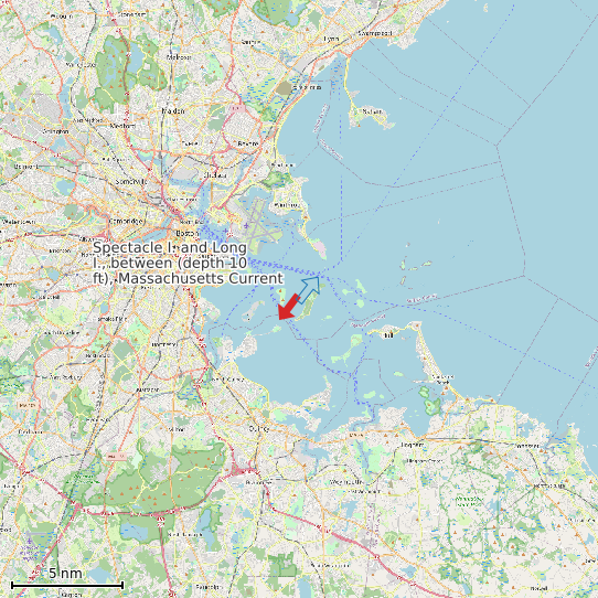 Map of Spectacle I. and Long I., between (depth 10 ft), Massachusetts Current Prediction Station