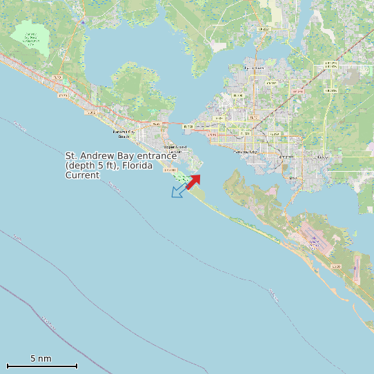 Map of St. Andrew Bay entrance (depth 5 ft), Florida Current Prediction Station