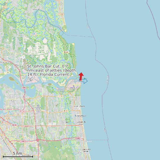 Map of St. Johns Bar Cut, 0.7 nmi east of jetties (depth 14 ft), Florida Current Prediction Station
