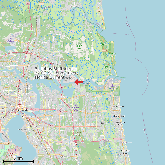 Map of St. Johns Bluff (depth 32 ft), St. Johns River, Florida Current Prediction Station